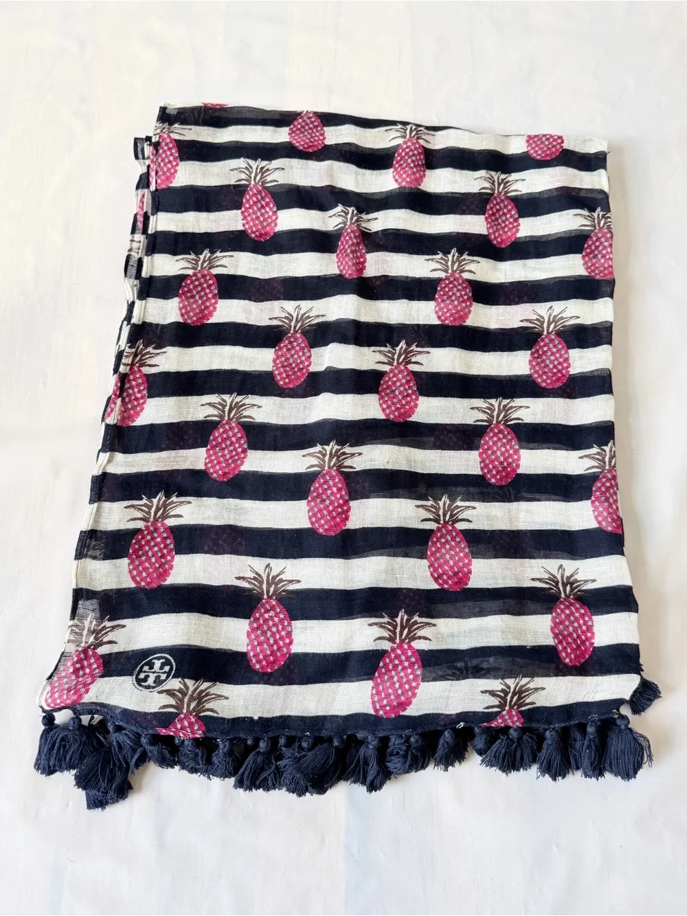 Tory Burch Karrington Pineapple Striped Tassel Scarf Navy Pink Logo Sheer 30×70
